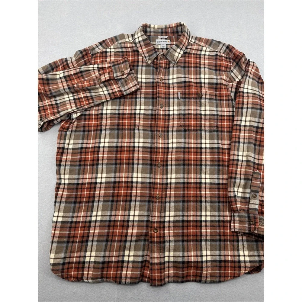 Carhartt Trumbull Long Sleeve Button Down Flannel Mens 2XL Orange Plaid Workwear